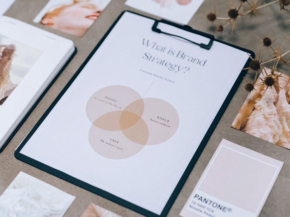Brand strategy moodboard with colour swatches